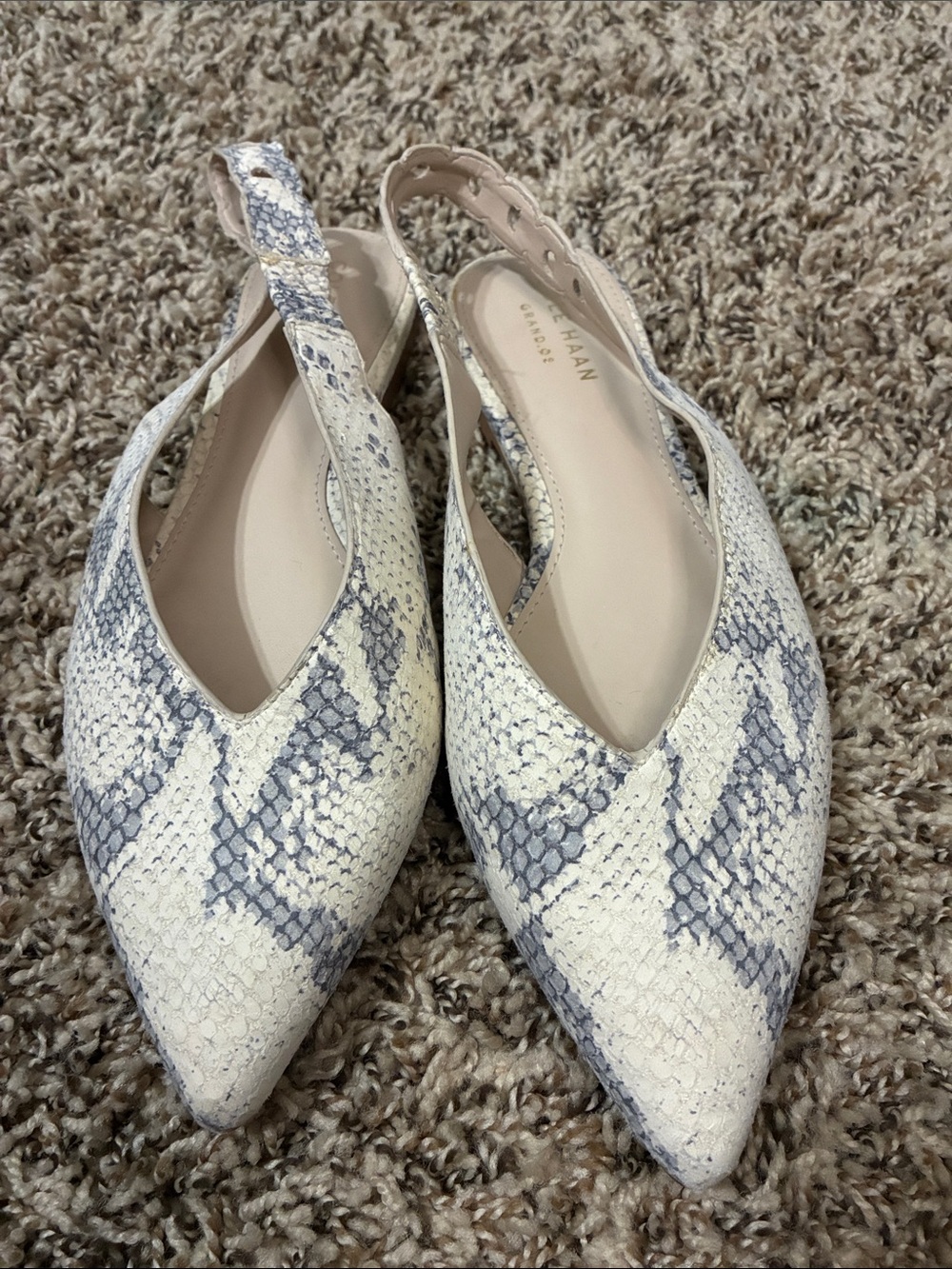 Cole Haan Cream and Gray Snakeskin Pointed Slingback Flats
